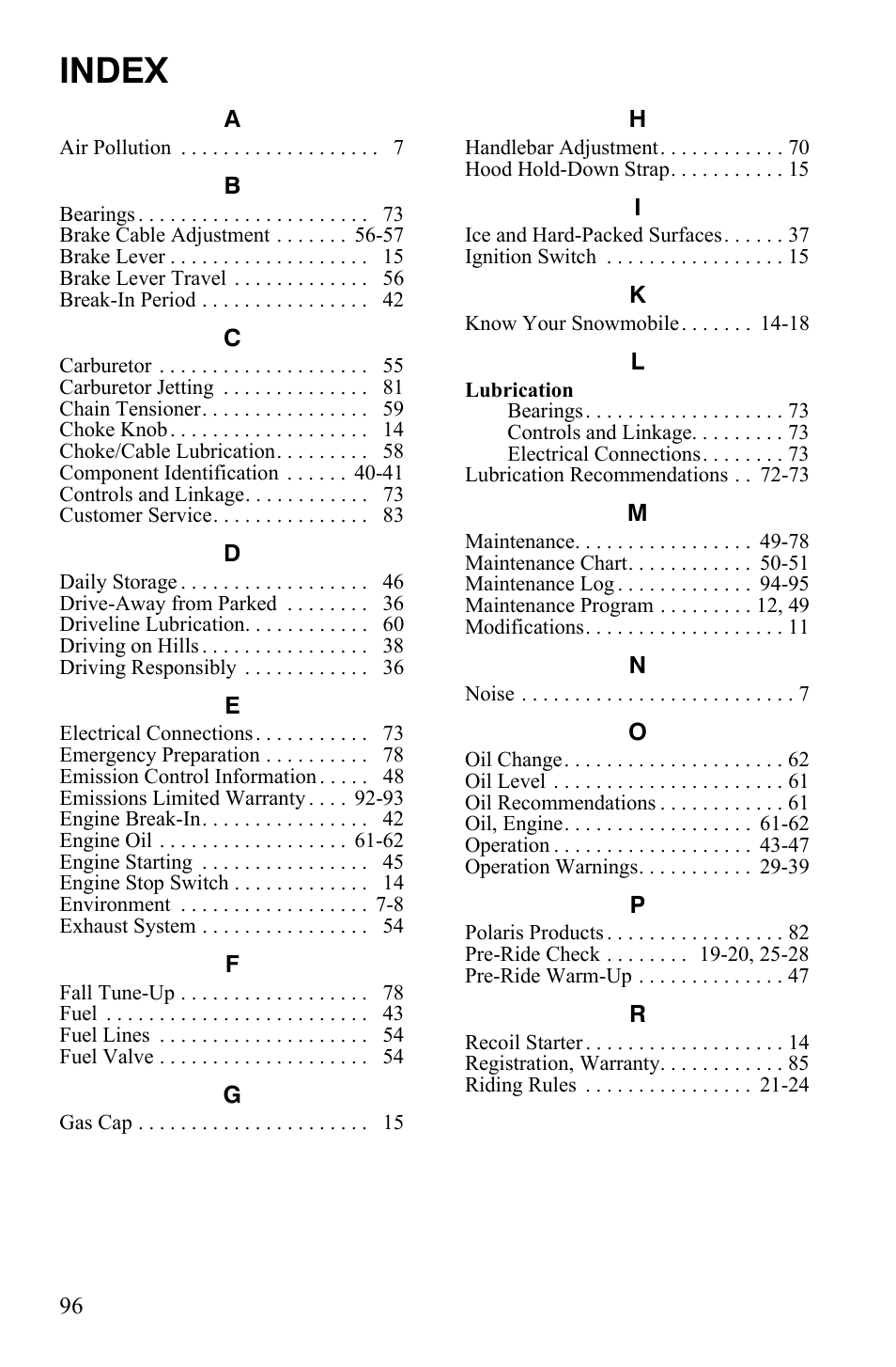 Index | Polaris Xer User Manual | Page 99 / 100