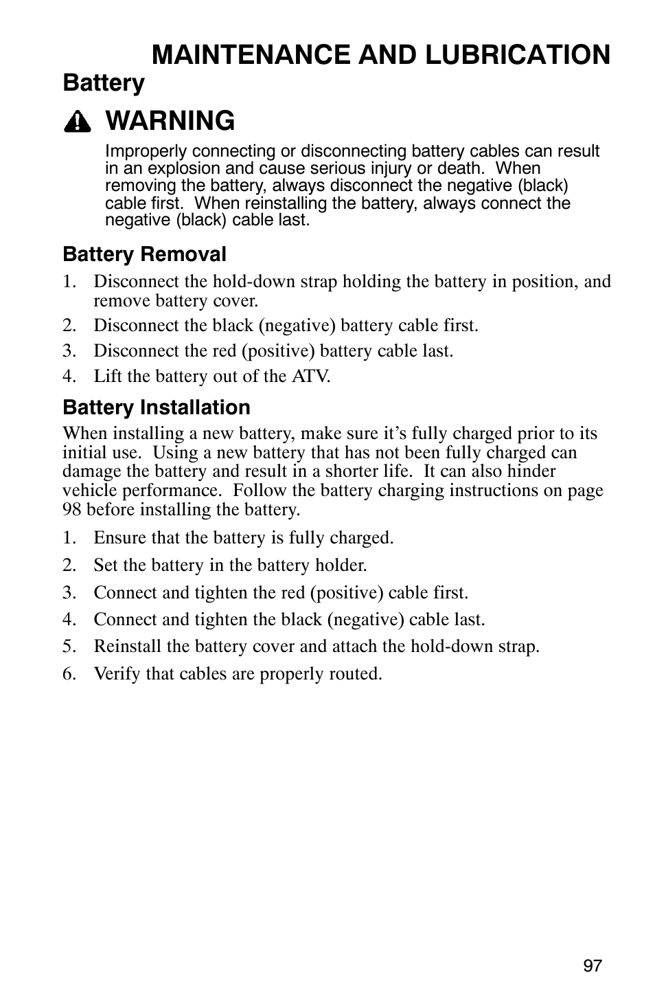 Maintenance and lubrication, Warning, Battery | Polaris Scrambler 500 4x4 User Manual | Page 100 / 122