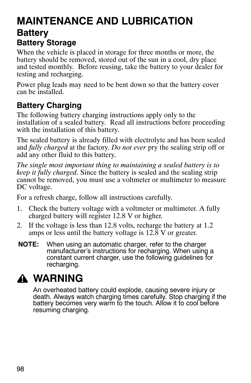 Maintenance and lubrication, Warning, Battery | Polaris Scrambler 500 4x4 User Manual | Page 101 / 122