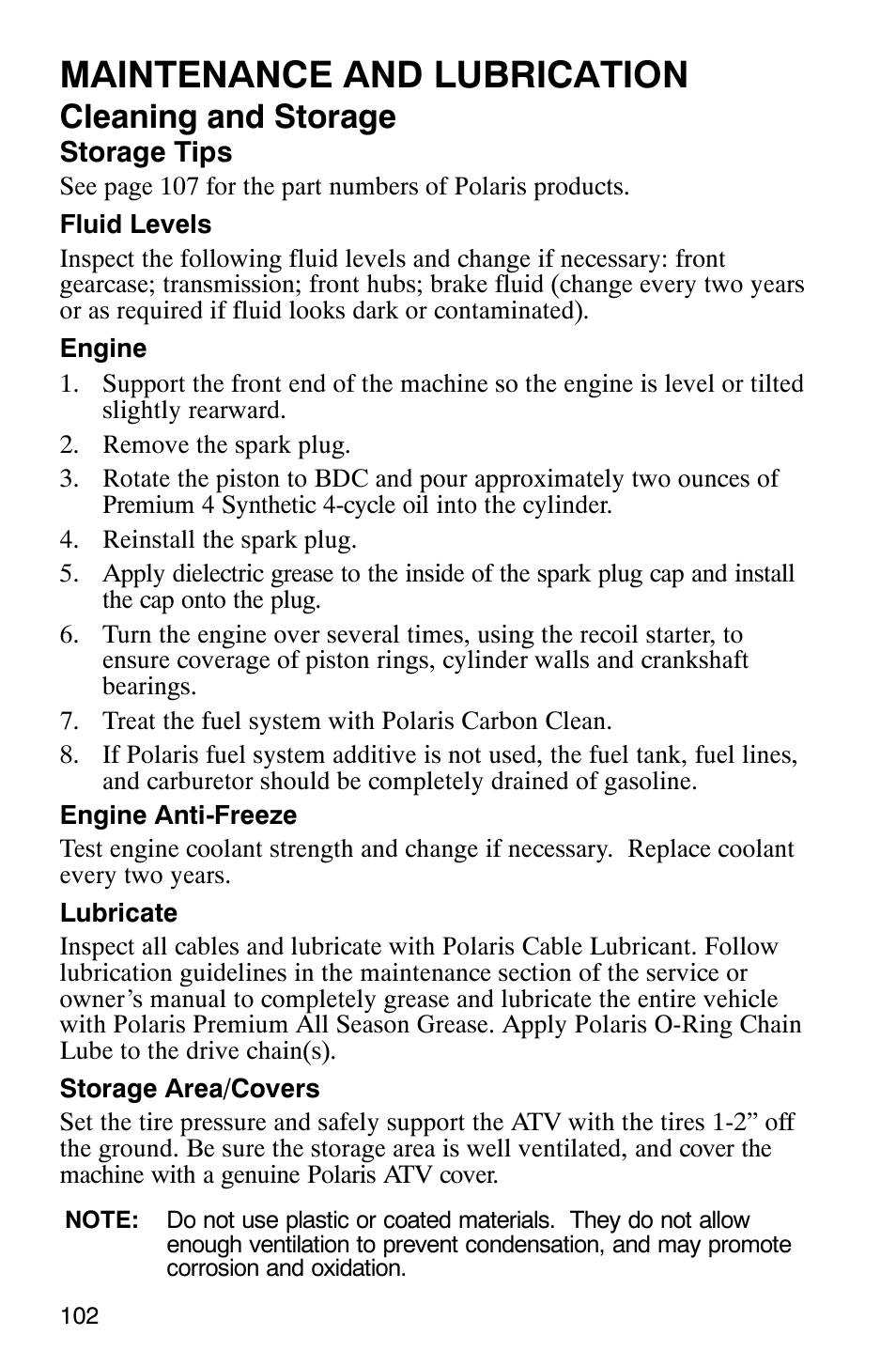 Maintenance and lubrication, Cleaning and storage | Polaris Scrambler 500 4x4 User Manual | Page 105 / 122