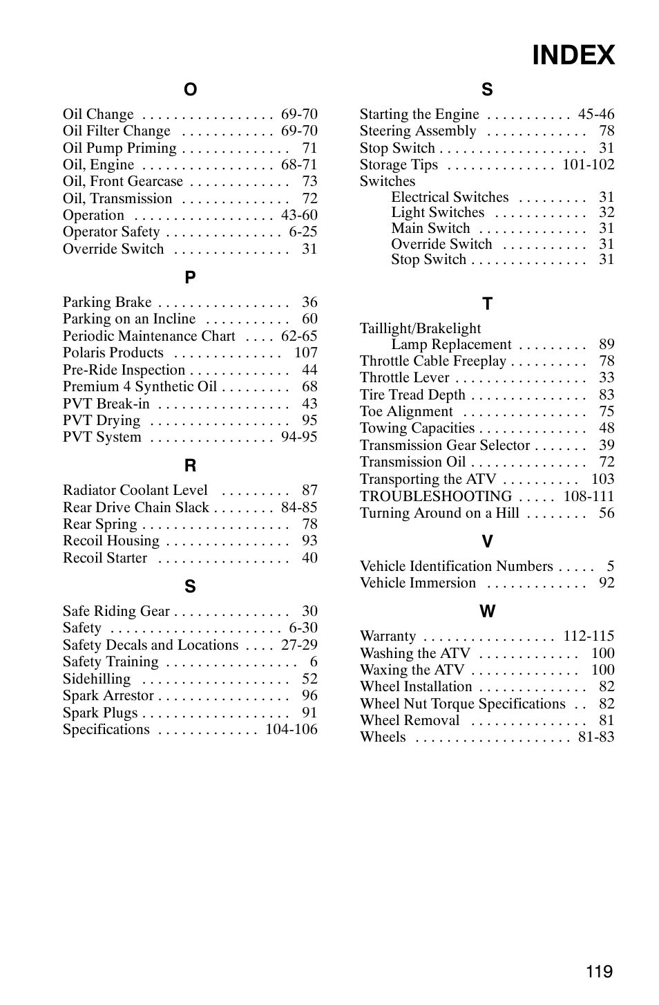 Index | Polaris Scrambler 500 4x4 User Manual | Page 122 / 122