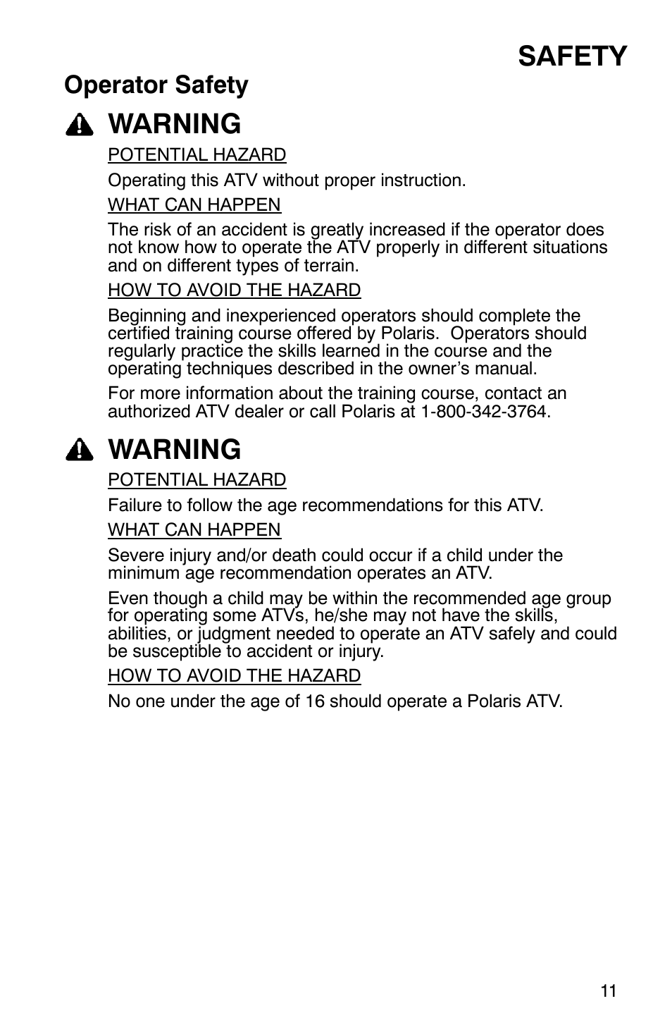 Safety, Warning, Operator safety | Polaris Scrambler 500 4x4 User Manual | Page 14 / 122