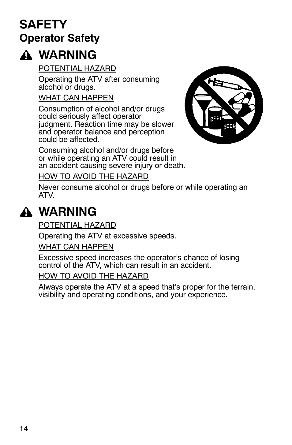 Safety, Warning, Operator safety | Polaris Scrambler 500 4x4 User Manual | Page 17 / 122