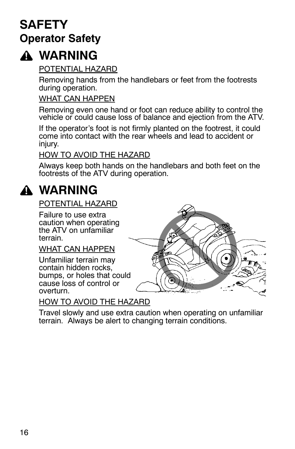 Safety, Warning, Operator safety | Polaris Scrambler 500 4x4 User Manual | Page 19 / 122