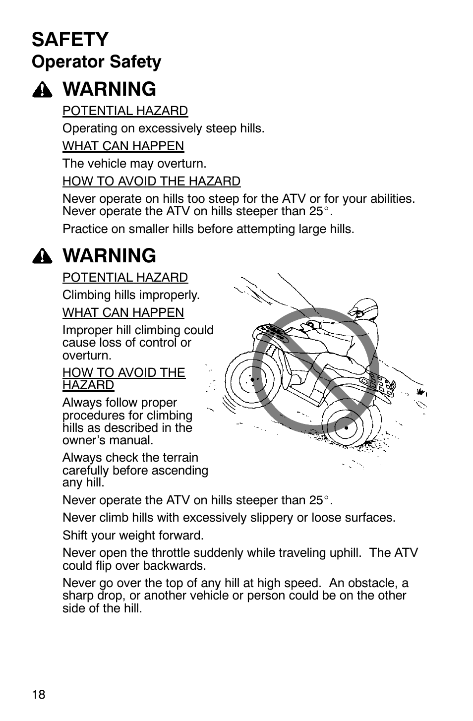 Safety, Warning, Operator safety | Polaris Scrambler 500 4x4 User Manual | Page 21 / 122