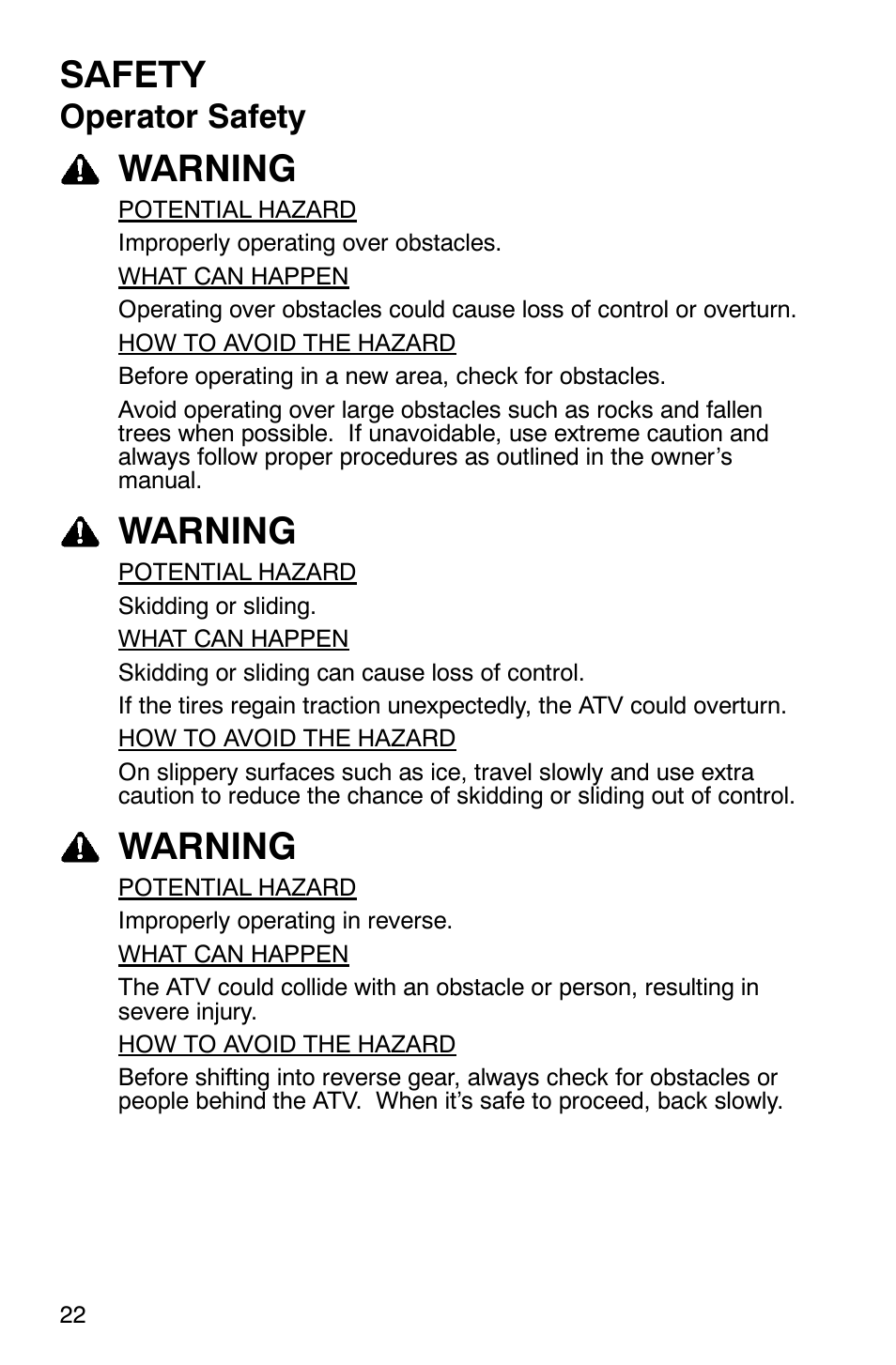 Safety, Warning, Operator safety | Polaris Scrambler 500 4x4 User Manual | Page 25 / 122