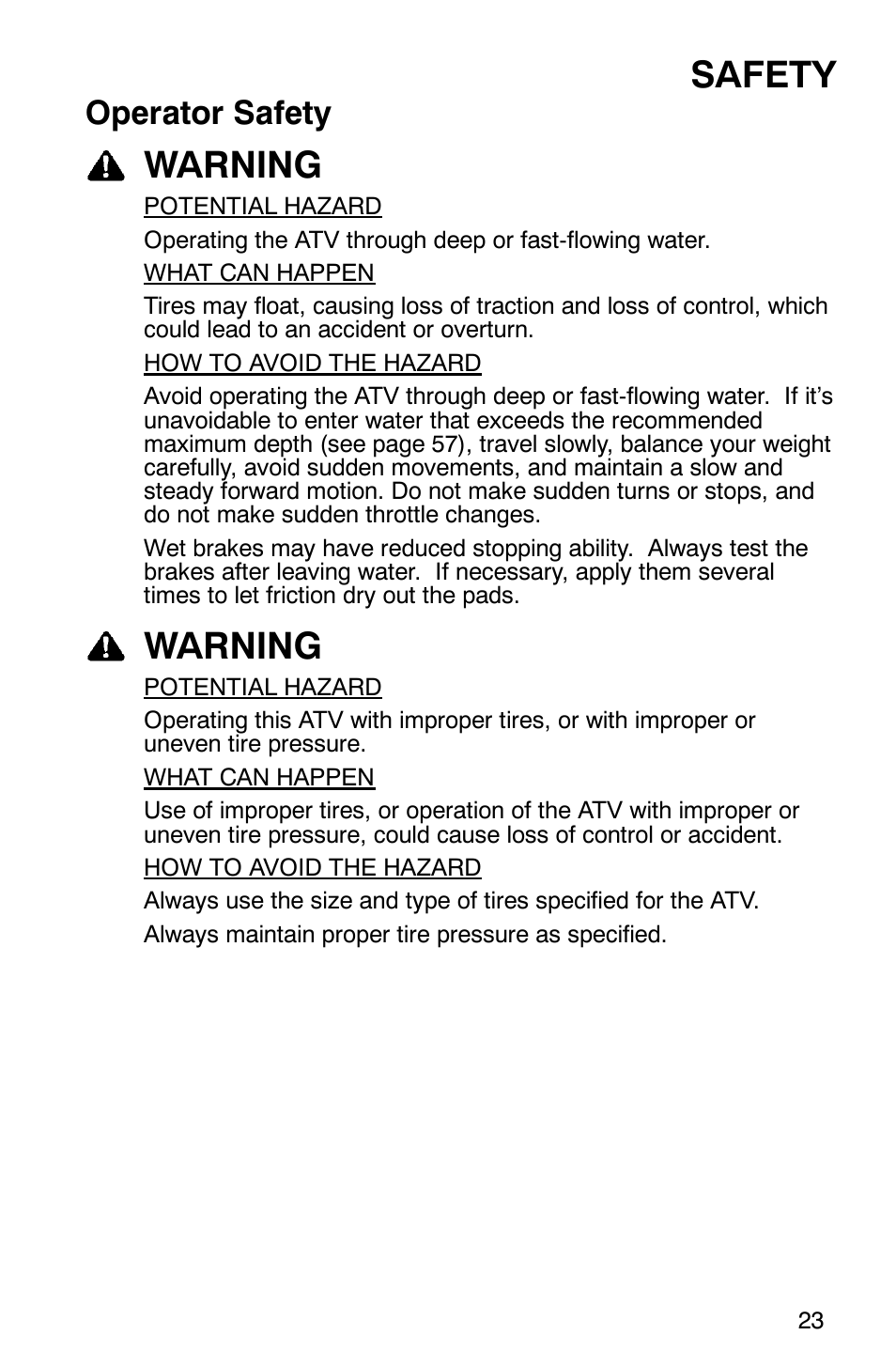 Safety, Warning, Operator safety | Polaris Scrambler 500 4x4 User Manual | Page 26 / 122