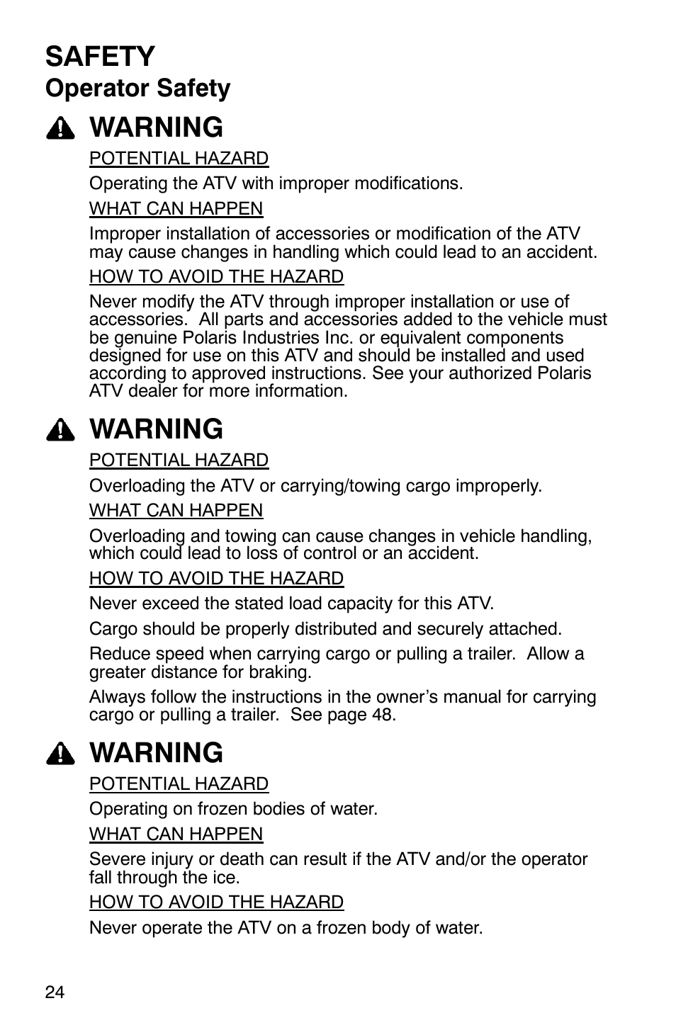 Safety, Warning, Operator safety | Polaris Scrambler 500 4x4 User Manual | Page 27 / 122