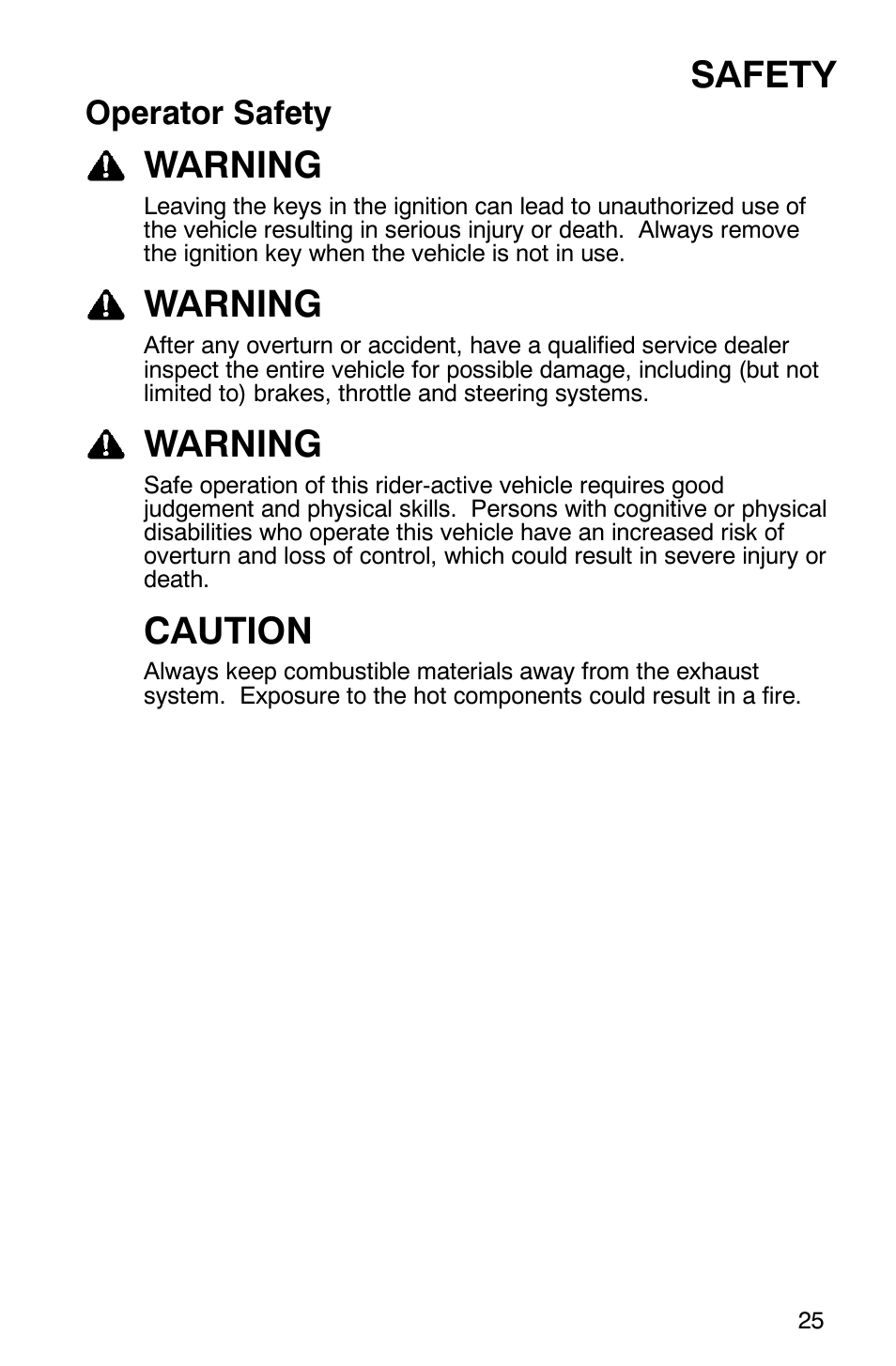 Safety, Warning, Caution | Operator safety | Polaris Scrambler 500 4x4 User Manual | Page 28 / 122