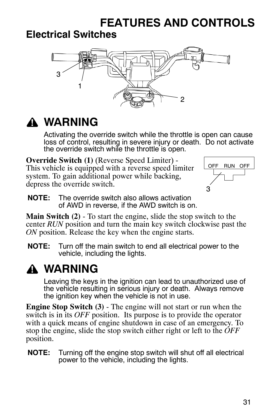 Features and controls, Warning, Electrical switches | Polaris Scrambler 500 4x4 User Manual | Page 34 / 122