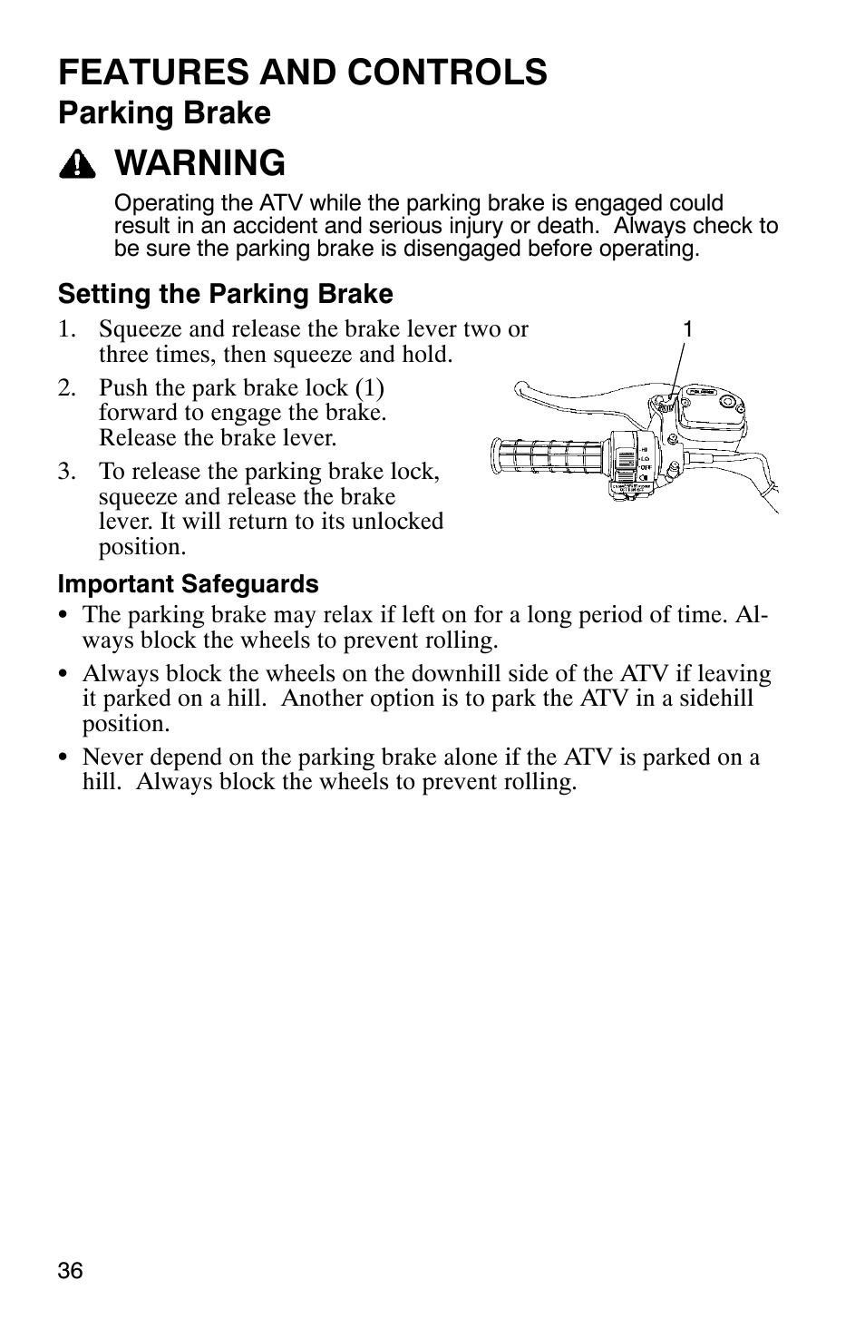 Features and controls, Warning, Parking brake | Polaris Scrambler 500 4x4 User Manual | Page 39 / 122