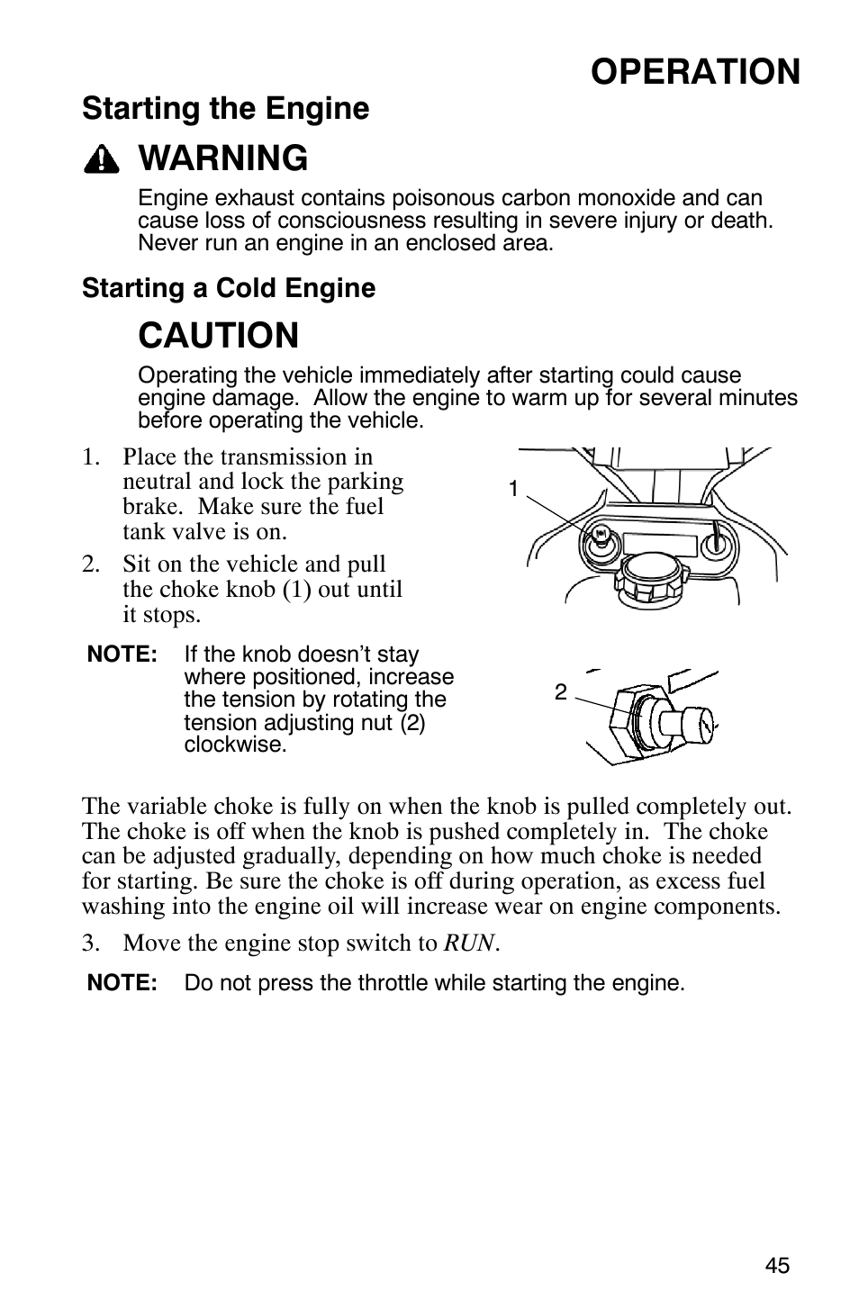 Operation, Warning, Caution | Starting the engine | Polaris Scrambler 500 4x4 User Manual | Page 48 / 122