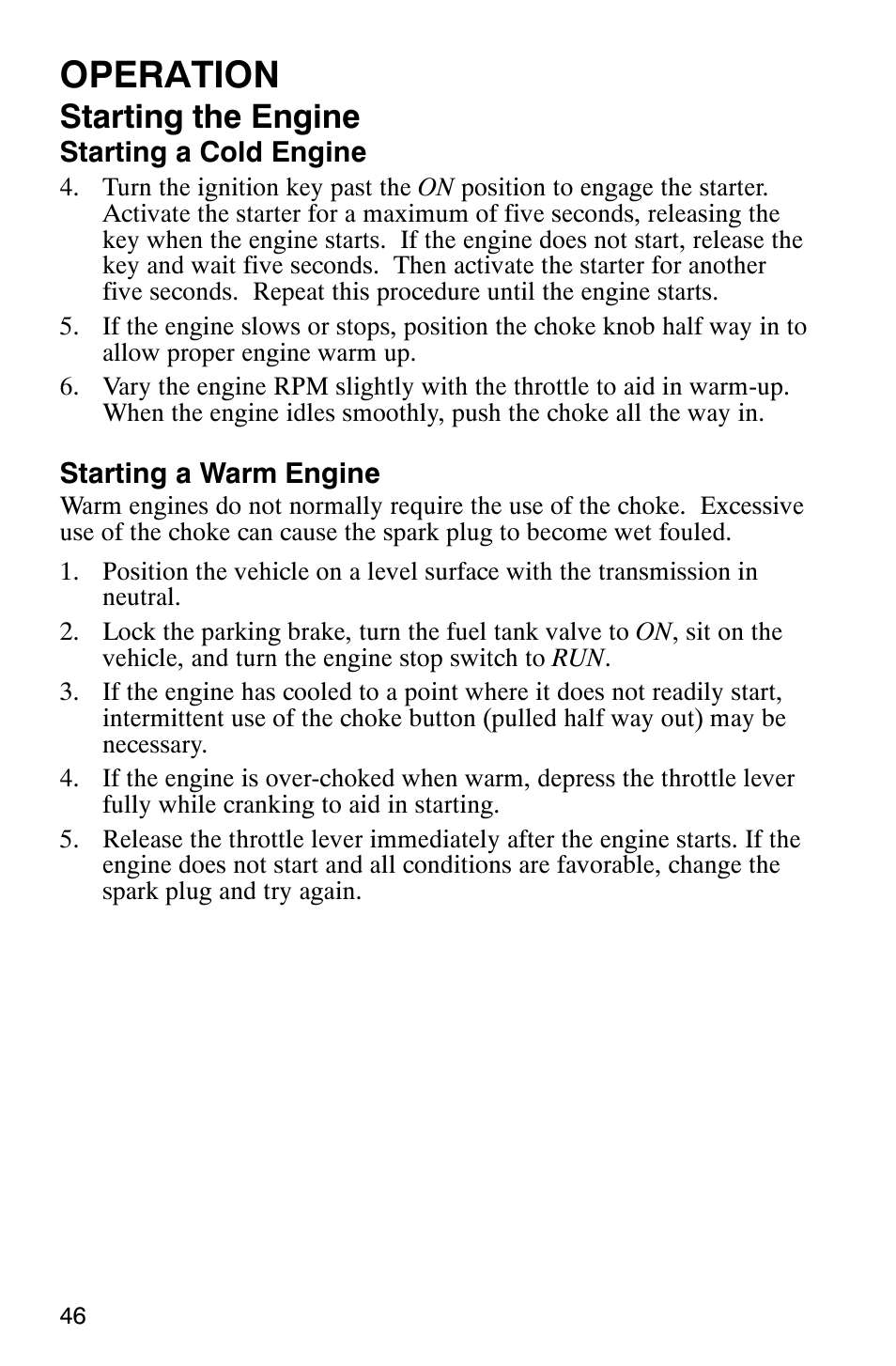 Operation, Starting the engine | Polaris Scrambler 500 4x4 User Manual | Page 49 / 122