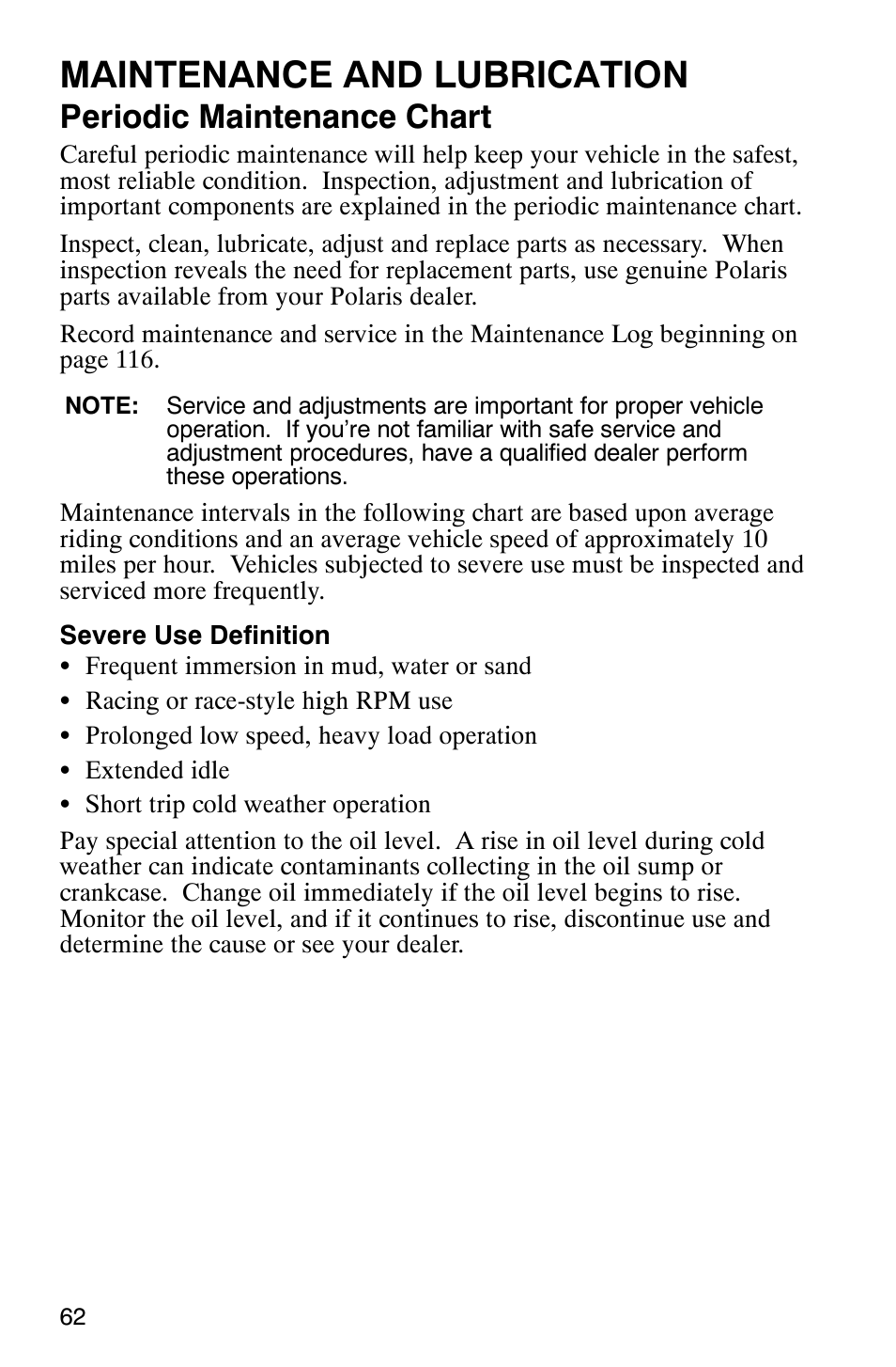 Maintenance and lubrication, Periodic maintenance chart | Polaris Scrambler 500 4x4 User Manual | Page 65 / 122