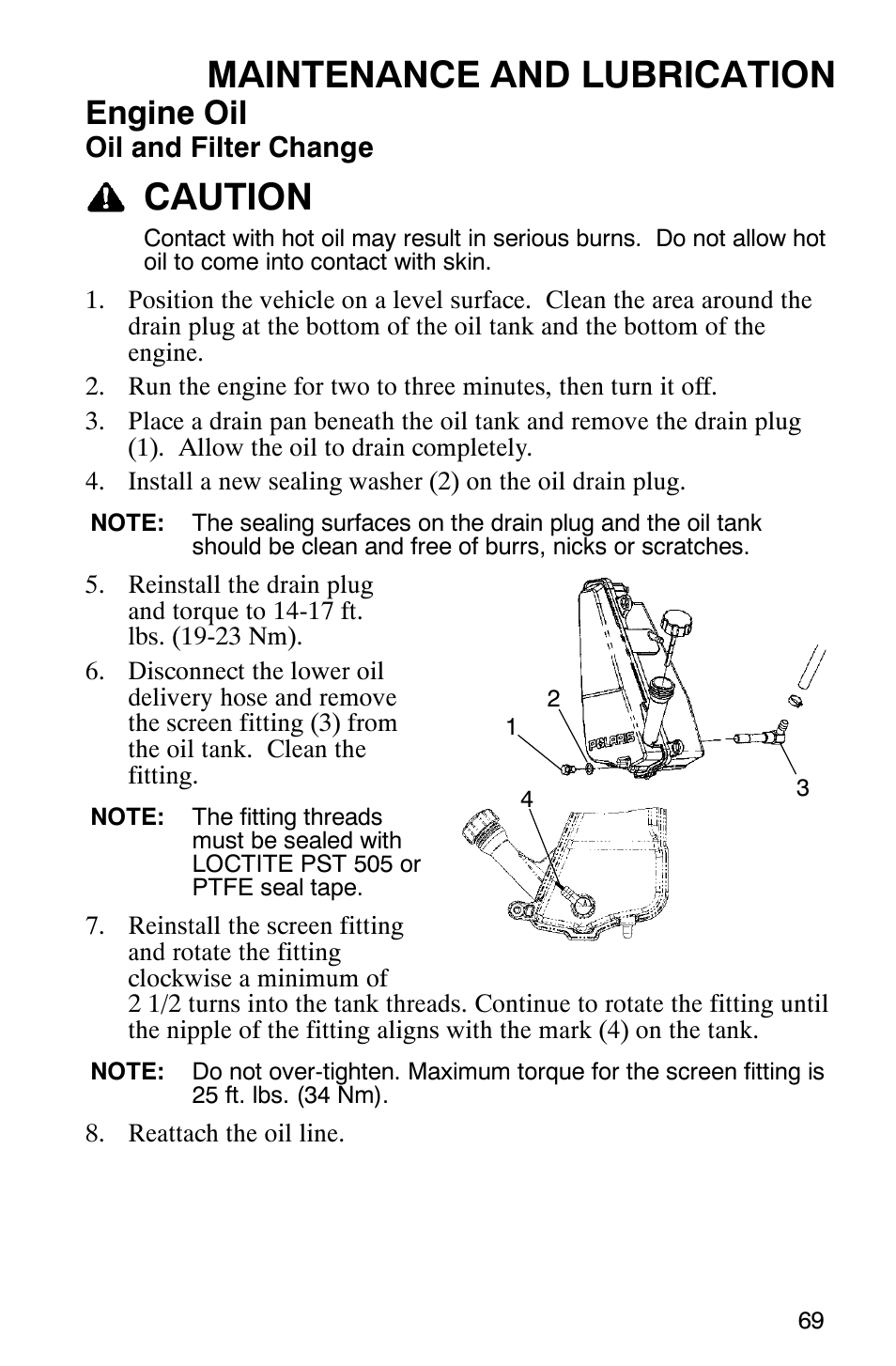 Maintenance and lubrication, Caution, Engine oil | Polaris Scrambler 500 4x4 User Manual | Page 72 / 122