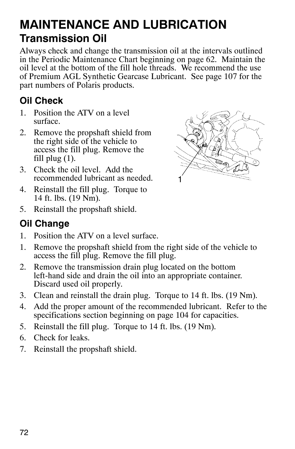 Maintenance and lubrication, Transmission oil | Polaris Scrambler 500 4x4 User Manual | Page 75 / 122