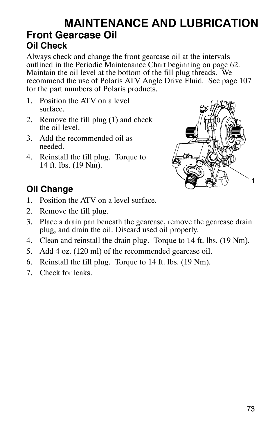 Maintenance and lubrication, Front gearcase oil | Polaris Scrambler 500 4x4 User Manual | Page 76 / 122