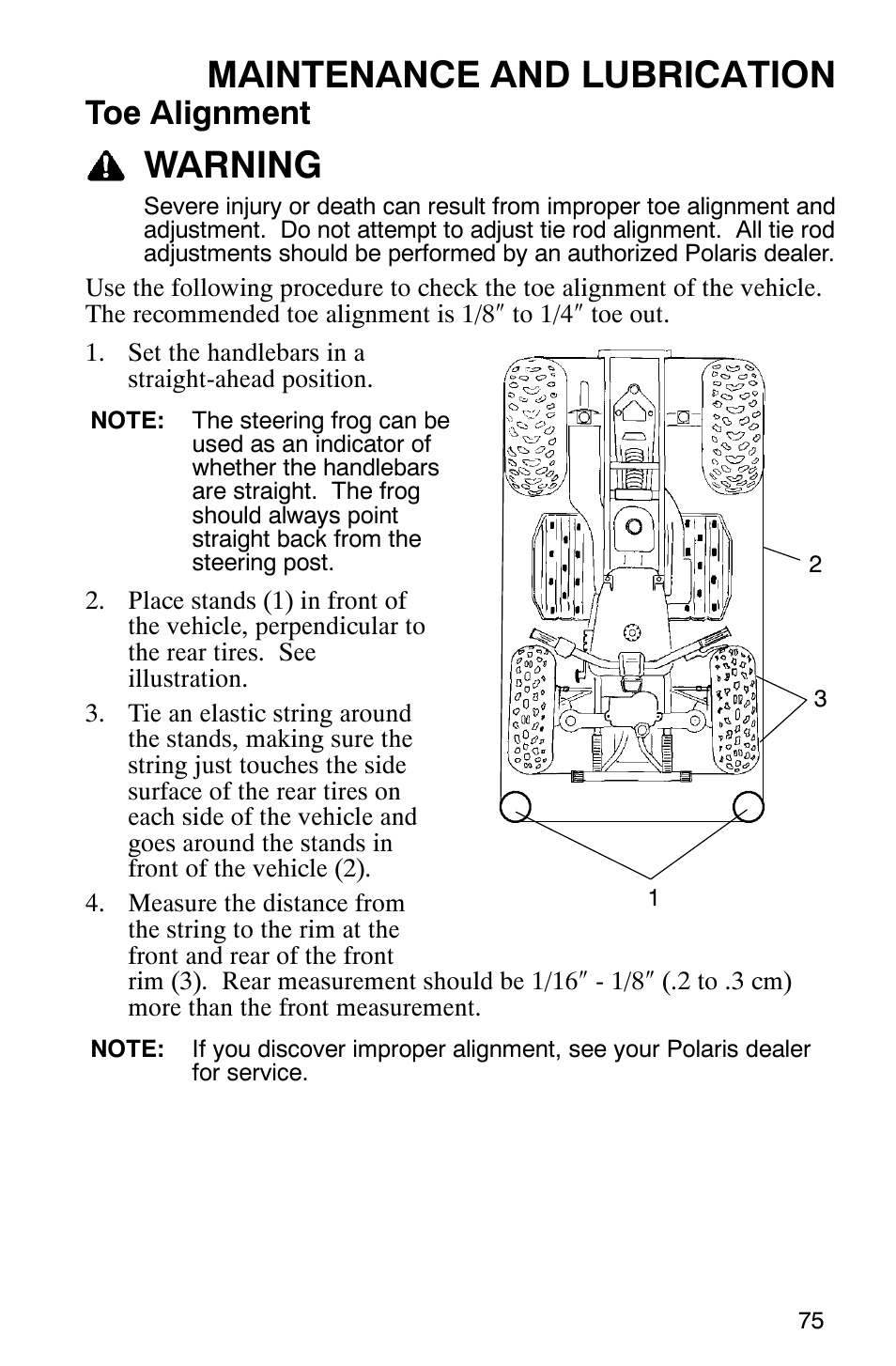 Maintenance and lubrication, Warning, Toe alignment | Polaris Scrambler 500 4x4 User Manual | Page 78 / 122