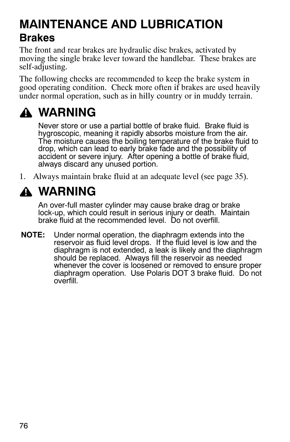 Maintenance and lubrication, Warning, Brakes | Polaris Scrambler 500 4x4 User Manual | Page 79 / 122