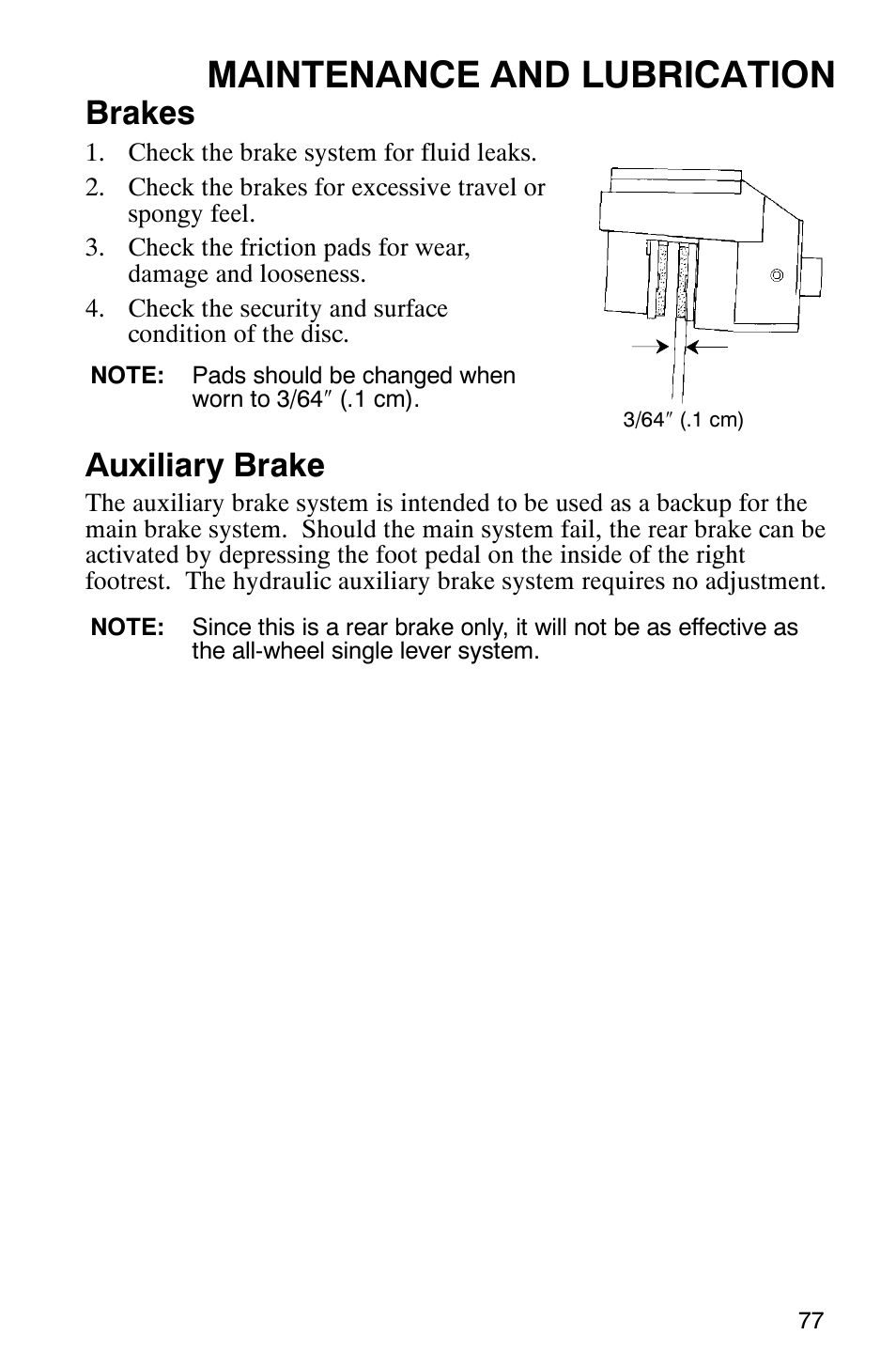 Maintenance and lubrication, Brakes, Auxiliary brake | Polaris Scrambler 500 4x4 User Manual | Page 80 / 122