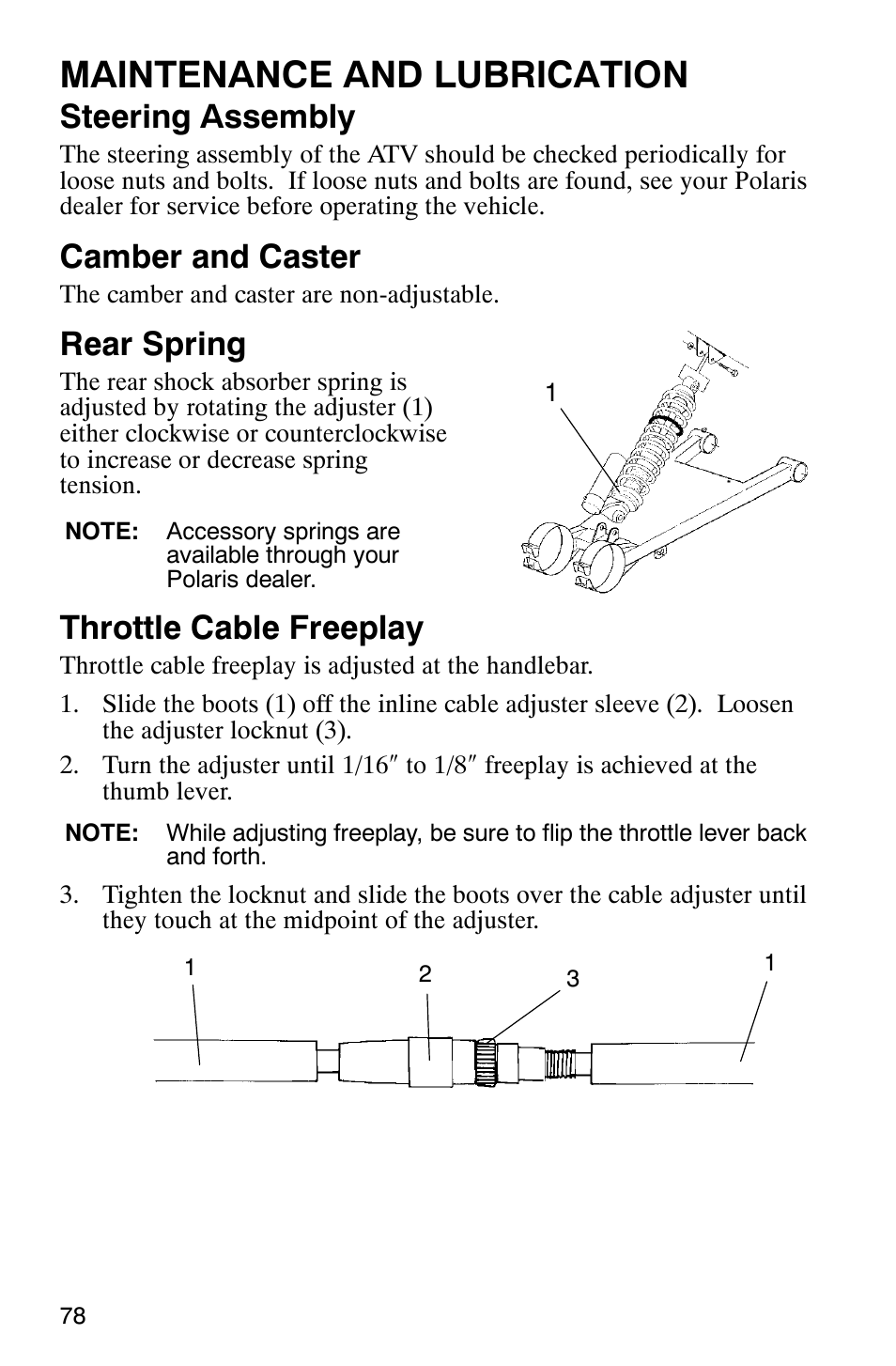 Maintenance and lubrication, Steering assembly, Camber and caster | Rear spring, Throttle cable freeplay | Polaris Scrambler 500 4x4 User Manual | Page 81 / 122
