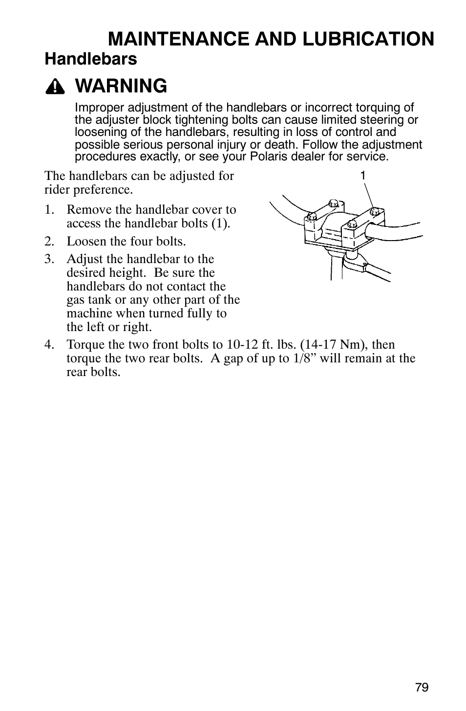 Maintenance and lubrication, Warning, Handlebars | Polaris Scrambler 500 4x4 User Manual | Page 82 / 122