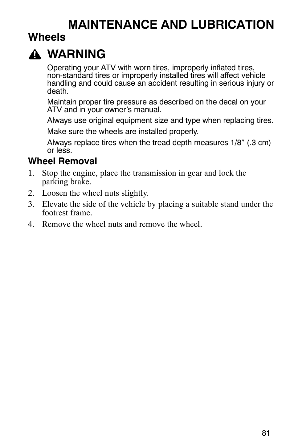 Maintenance and lubrication, Warning, Wheels | Polaris Scrambler 500 4x4 User Manual | Page 84 / 122