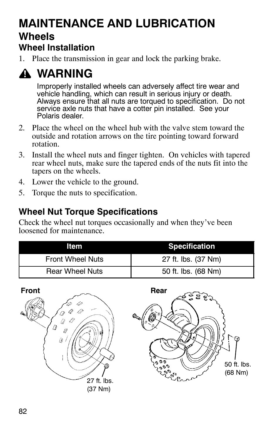 Maintenance and lubrication, Warning, Wheels | Polaris Scrambler 500 4x4 User Manual | Page 85 / 122