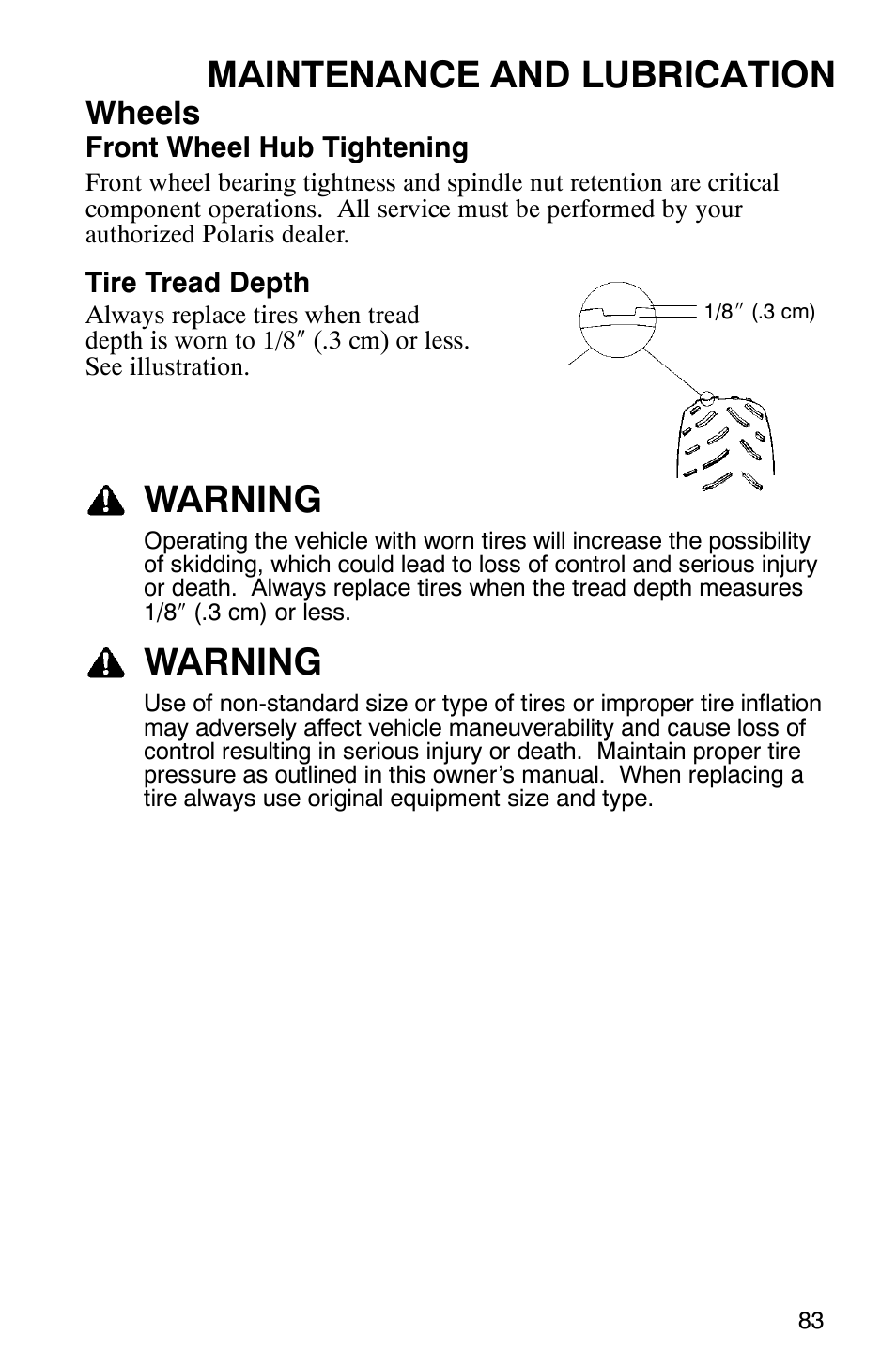 Maintenance and lubrication, Warning, Wheels | Polaris Scrambler 500 4x4 User Manual | Page 86 / 122