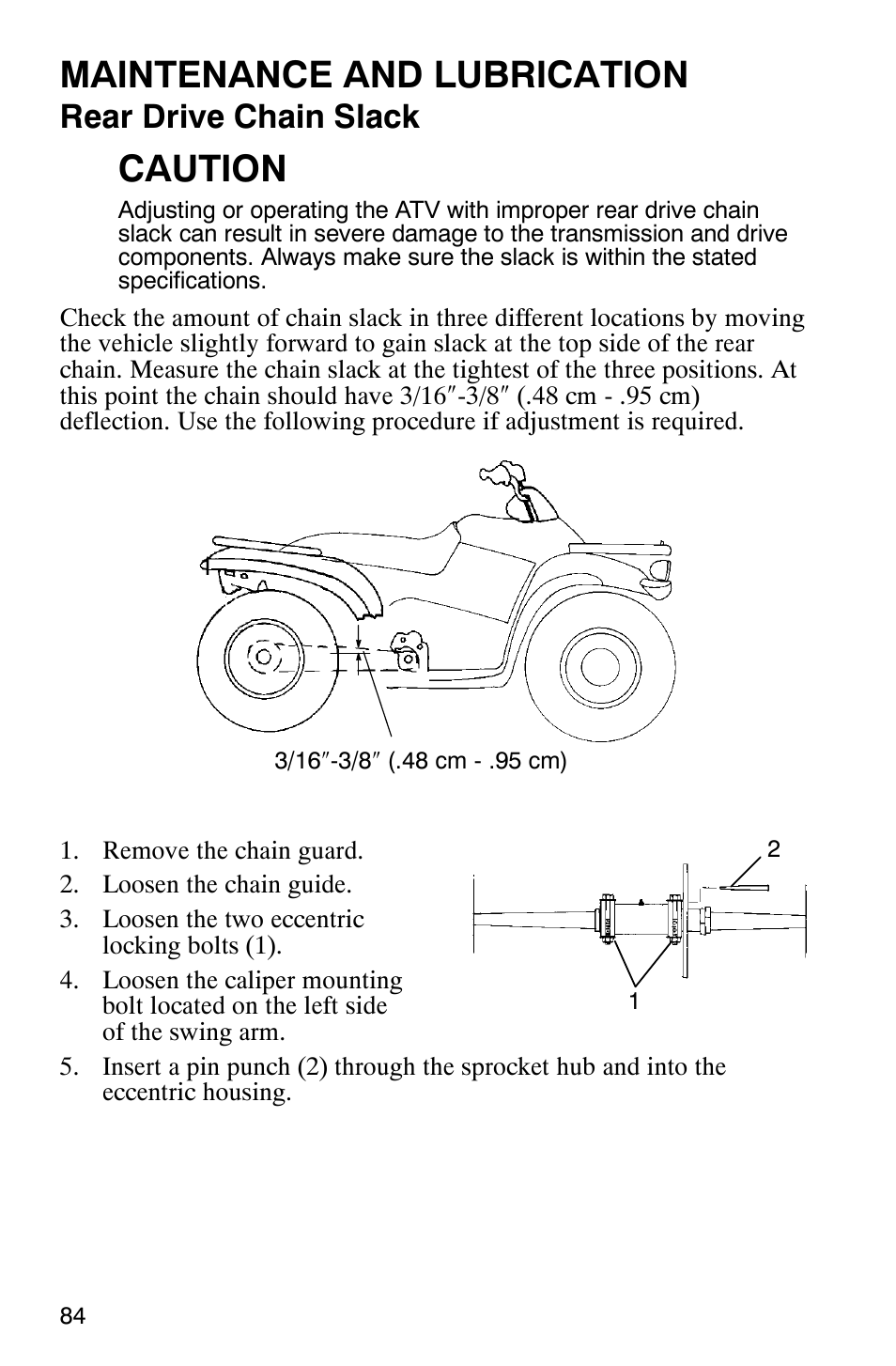 Maintenance and lubrication, Caution, Rear drive chain slack | Polaris Scrambler 500 4x4 User Manual | Page 87 / 122