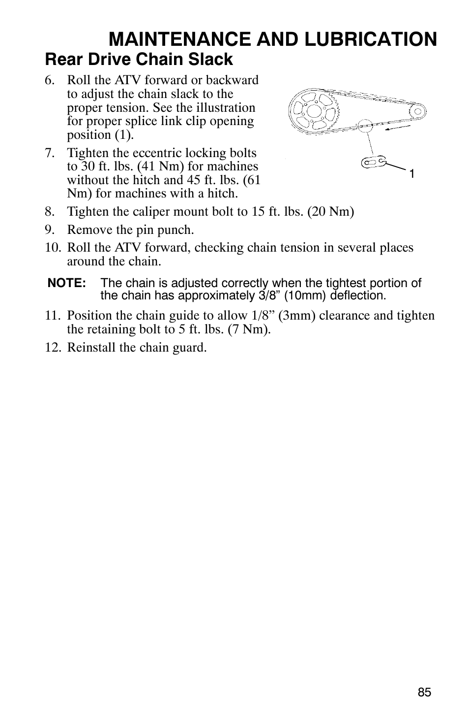 Maintenance and lubrication, Rear drive chain slack | Polaris Scrambler 500 4x4 User Manual | Page 88 / 122
