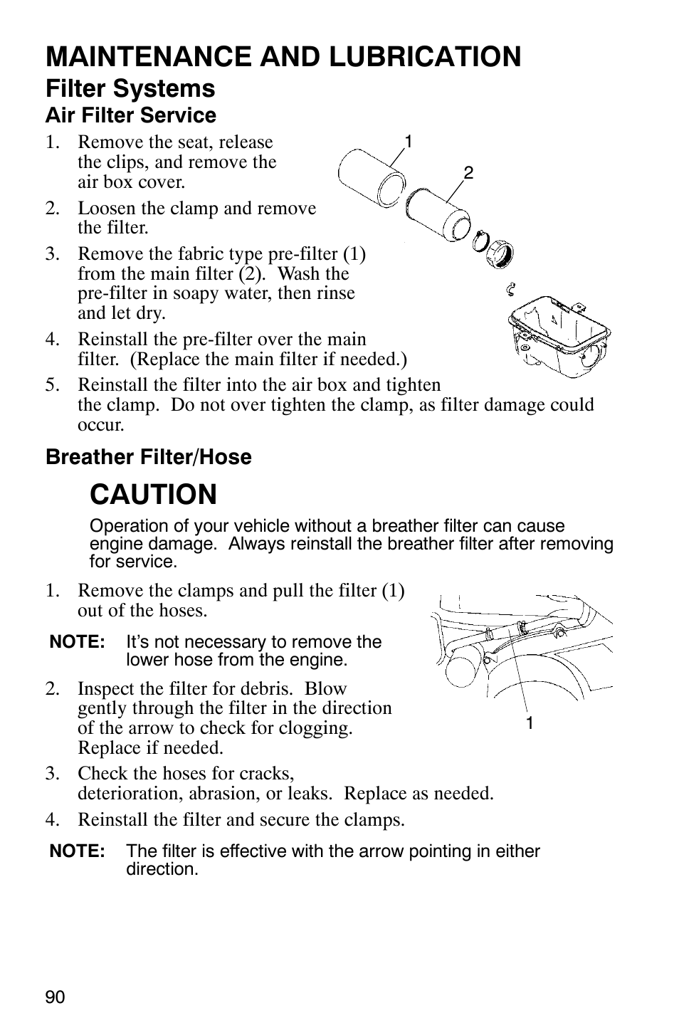 Maintenance and lubrication, Caution, Filter systems | Polaris Scrambler 500 4x4 User Manual | Page 93 / 122