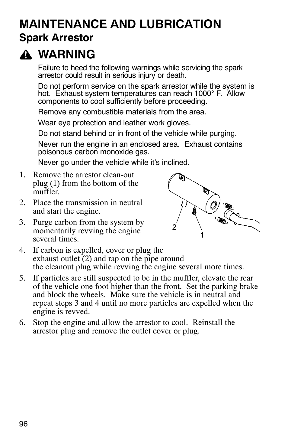 Maintenance and lubrication, Warning, Spark arrestor | Polaris Scrambler 500 4x4 User Manual | Page 99 / 122