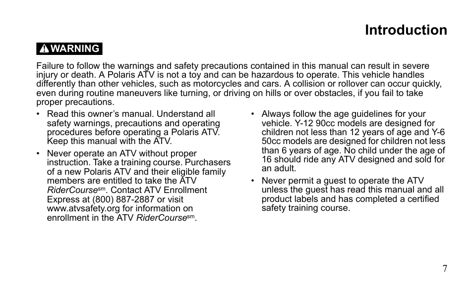 Introduction | Polaris Outlaw 9921811 User Manual | Page 10 / 184