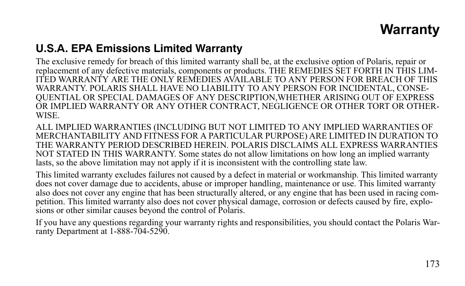 Warranty | Polaris Outlaw 9921811 User Manual | Page 176 / 184