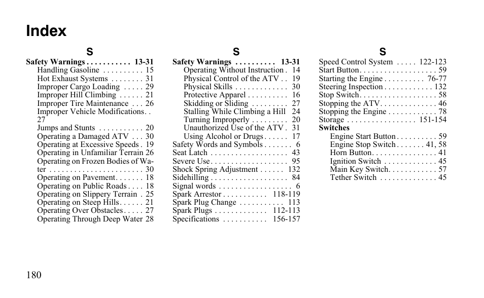 Index | Polaris Outlaw 9921811 User Manual | Page 183 / 184