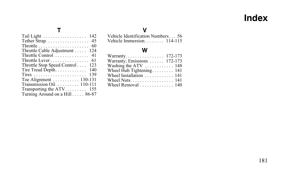 Index | Polaris Outlaw 9921811 User Manual | Page 184 / 184