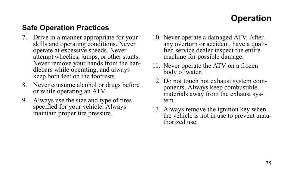 Operation | Polaris Outlaw 9921811 User Manual | Page 78 / 184