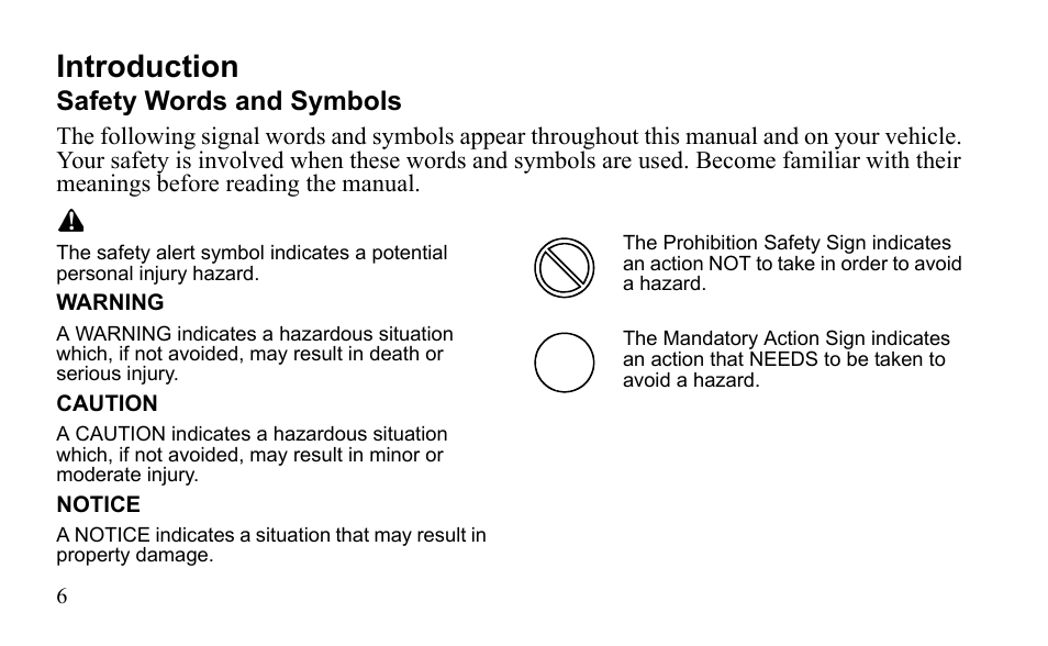 Introduction, Safety words and symbols | Polaris Outlaw 9921811 User Manual | Page 9 / 184