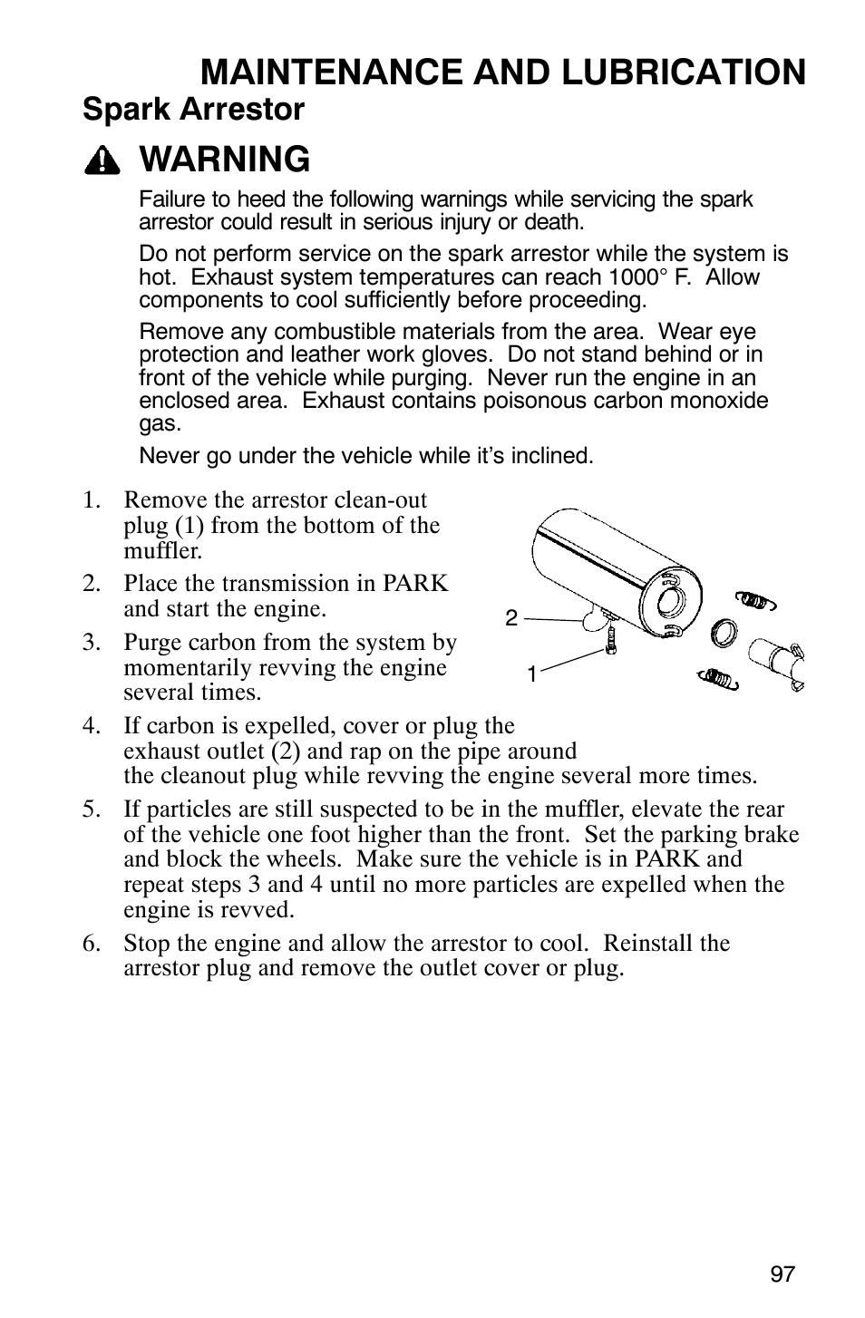 Maintenance and lubrication, Warning, Spark arrestor | Polaris 9919412 User Manual | Page 100 / 135