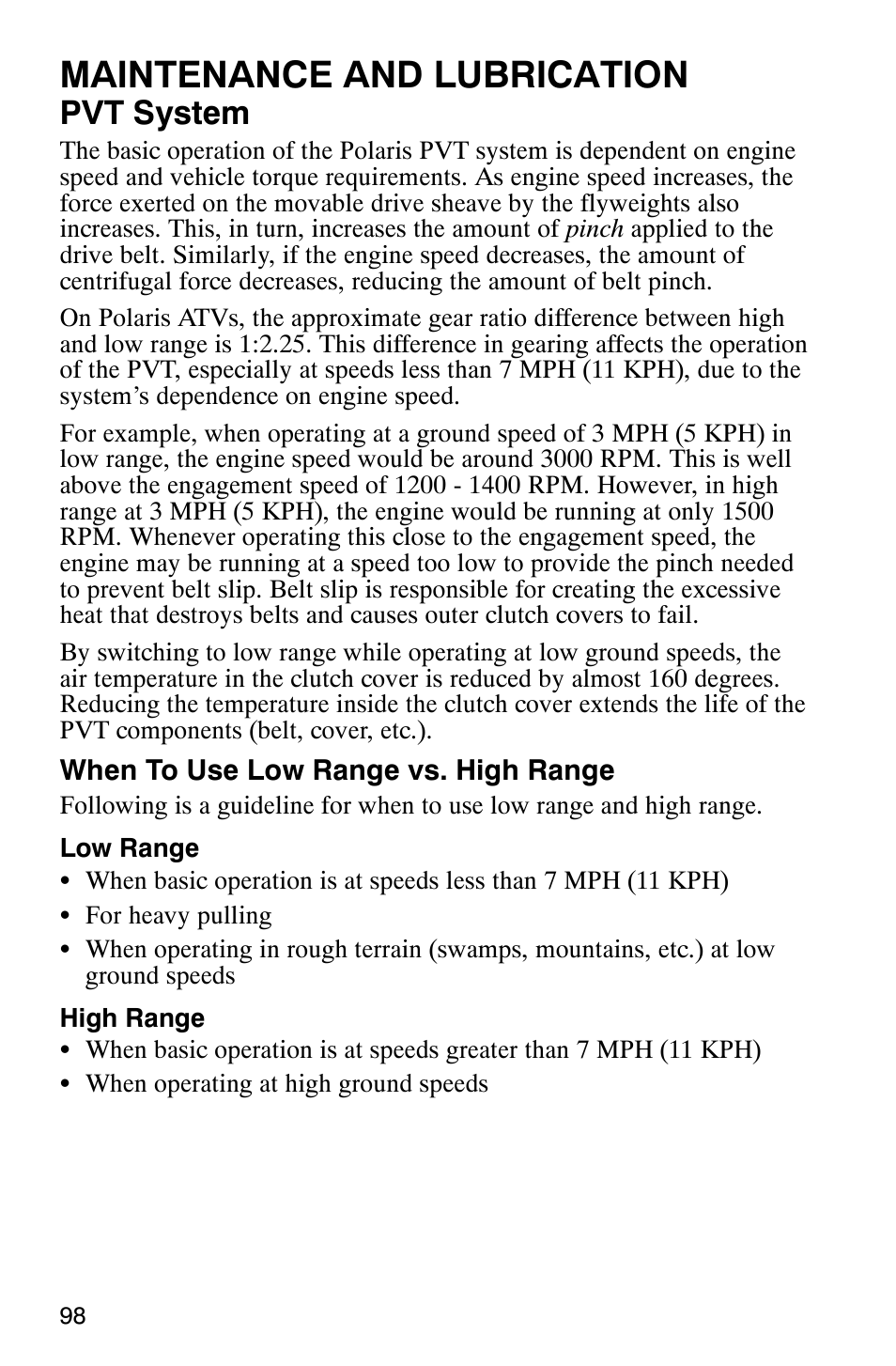 Maintenance and lubrication, Pvt system | Polaris 9919412 User Manual | Page 101 / 135