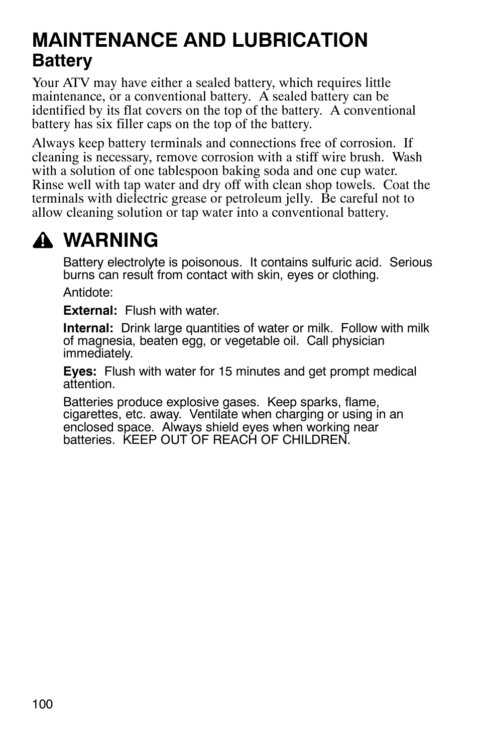 Maintenance and lubrication, Warning, Battery | Polaris 9919412 User Manual | Page 103 / 135