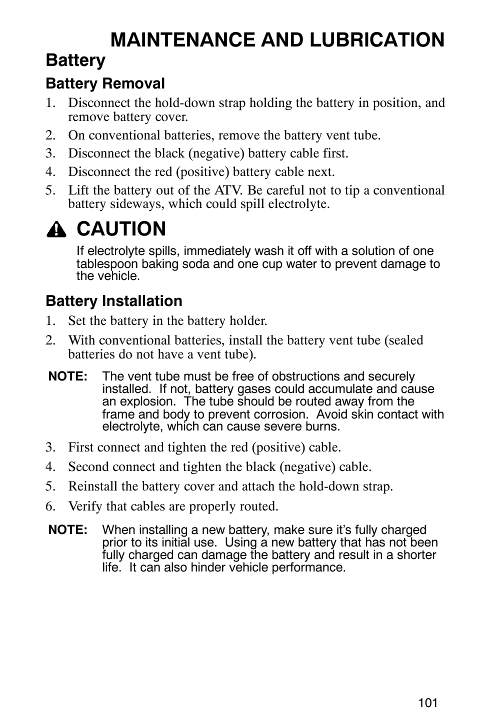 Maintenance and lubrication, Caution, Battery | Polaris 9919412 User Manual | Page 104 / 135