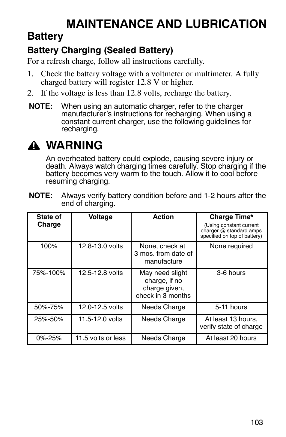 Maintenance and lubrication, Warning, Battery | Battery charging (sealed battery) | Polaris 9919412 User Manual | Page 106 / 135