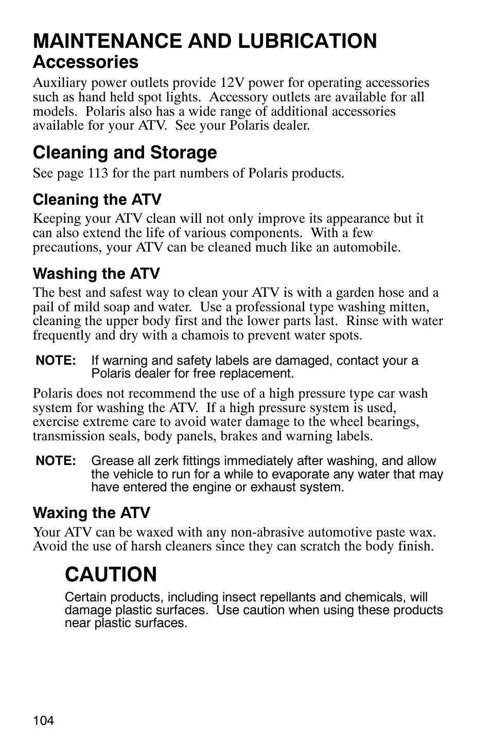 Maintenance and lubrication, Caution, Accessories | Cleaning and storage | Polaris 9919412 User Manual | Page 107 / 135