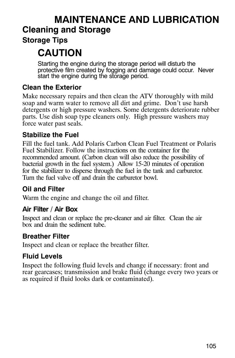 Maintenance and lubrication, Caution, Cleaning and storage | Polaris 9919412 User Manual | Page 108 / 135