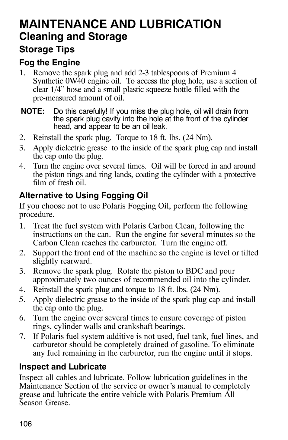 Maintenance and lubrication, Cleaning and storage | Polaris 9919412 User Manual | Page 109 / 135