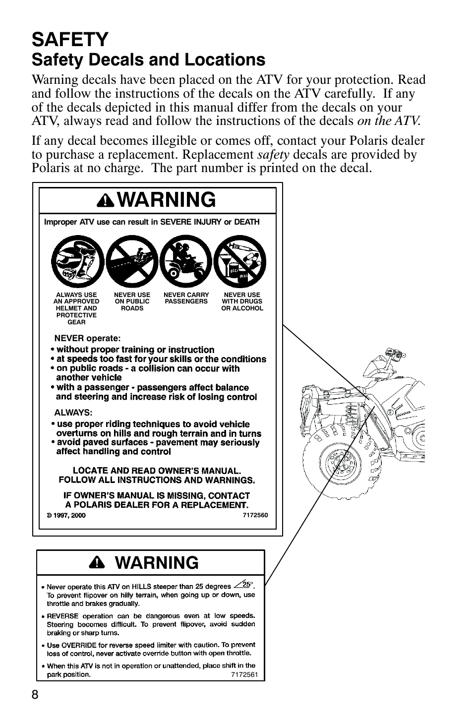 Safety, Safety decals and locations, Warning | Polaris 9919412 User Manual | Page 11 / 135