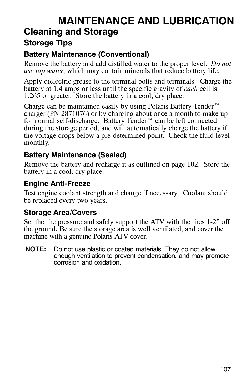 Maintenance and lubrication, Cleaning and storage | Polaris 9919412 User Manual | Page 110 / 135