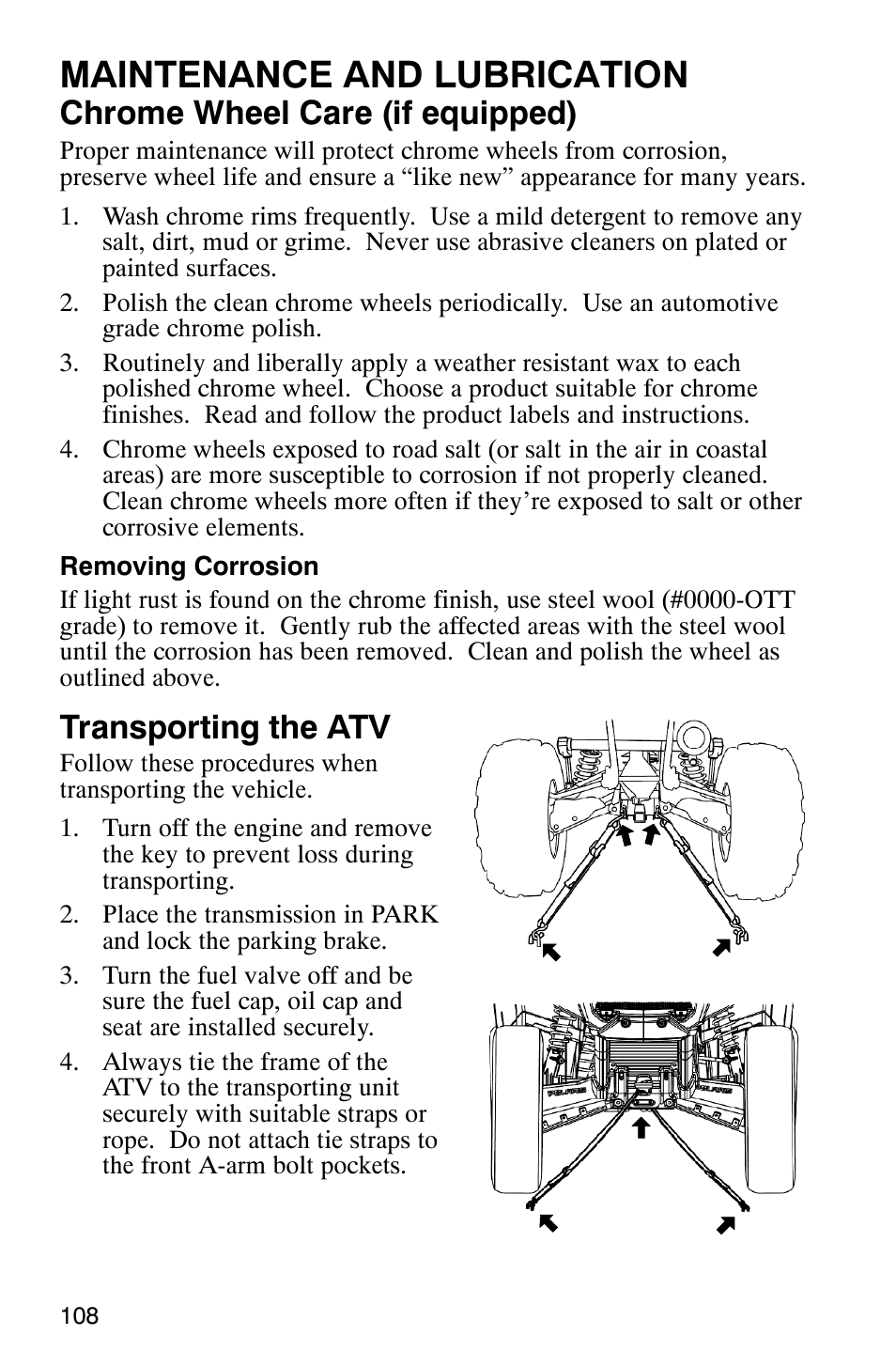 Maintenance and lubrication, Chrome wheel care (if equipped), Transporting the atv | Polaris 9919412 User Manual | Page 111 / 135